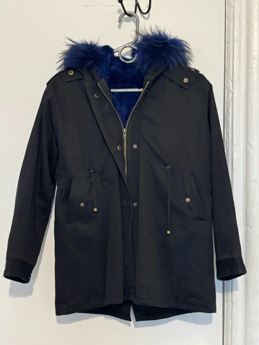 Girls Black Hooded Parka Coat Blue Rex Rabbit Fur Lined Jacket Size 170